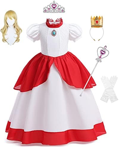 Girls Princess Peach Costume Cosplay Pink Dress Skirt with Crown Necklace Halloween Outfits (White+Wig, 3Y(110))