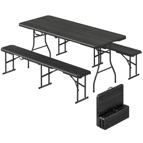 Outsunny Ensemble Table Pliante et bancs de Pique-Nique 180 cm, Table Camping Pliante avec chaises Portable avec poignées de Transport, Banc Pliable pour...