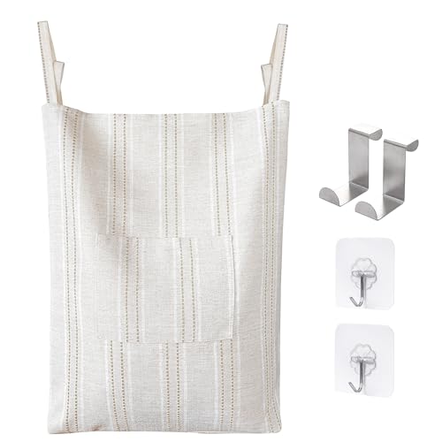 Image of AELS Farmhouse Hanging Laundry Hamper with 2 Hooks, Boho Beige & Brown Stripes Laundry Bag with Zipper & Wide Open Top, Over the Door Organizer for Dirty Clothes, Washable Space Saving Storage