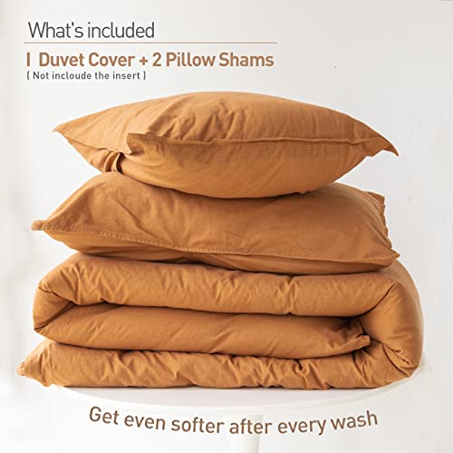 Biselina French Linen Duvet Cover Set 3Pcs With Hidden Zipper Closure Natural Flax Cotton Blend Solid Color Soft Breathable Luxury Farmhouse Bedding -Queen Size, Rust #TOP4