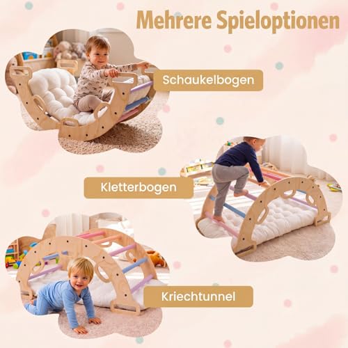 Foto von COSTWAY Kletterbogen Holz mit Kissen, Montessori Kletterwippe, Kletterdreieck zum Wippen, Klettern und Krabbeln, Bogenwippe, Regenbogen, Indoor Klettergerüst für Kinder ab 3 Jahre (Mehrfarbig)