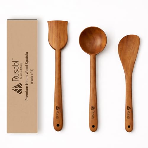 Image of Rusabl Pack of 3 Neem Wood Spatula, Ladle & Palta with Comfortable Grip | Seamless Design for Non Stick Cookware for Cooking, Baking, Mixing