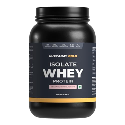 Nutrabay Gold Whey Protein Isolate Powder 25g Protein, 5.9g BCAA per Serving, Easy to Digest, NABL Lab Tested – Muscle Growth & Recovery – 1kg, Strawberry Milkshake|100% Authentic Clean Protein