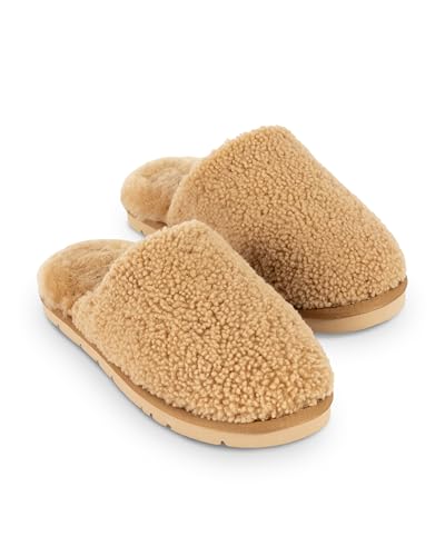 Cozy Earth Puffy Sheep Slippers - Women’s Shearling Fur House Slippers - Indoor & Outdoor Wear - Padded Footbed and Lightweight Rubber Outsole - Fawn - 8