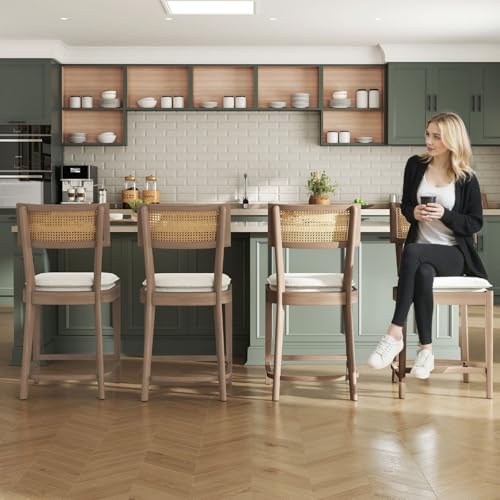 Hyfirm Set of 2 Wooden Counter Height Bar Stools, 26" Modern Rattan Barstools with Cane Back, Mid Century Modern Wicker Wooden Stool for Kitchen/Home Bar, Removable Linen Cushion, Black