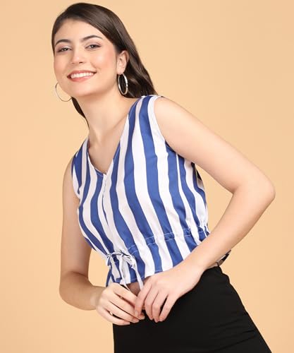 Image of POPWINGS Women Casual Bue & White Stripe Printed Crop Top