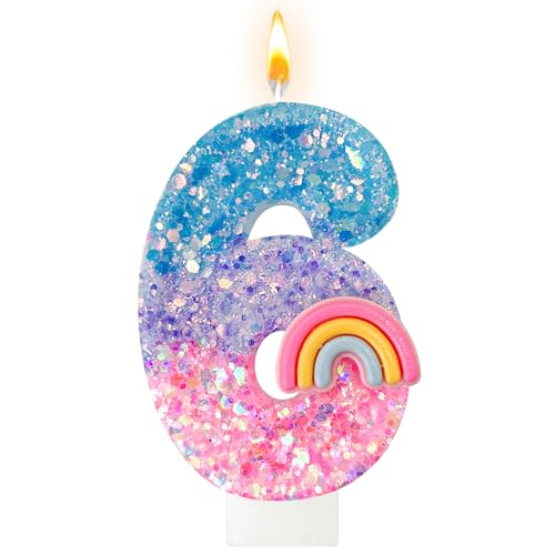 Panouo Rainbow Birthday Number Candles, Number 6 Candles, Cupcake Decorations, Macaron Birthday Cake Decorations, Cartoon Theme Party Supplies (Number 6)