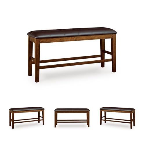 Image of Signature Design by Ashley Ralene Classic Tufted Faux Leather Upholstered Counter Height Dining Bench with Distressed Finish, Dark Brown