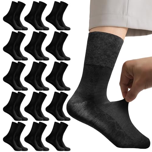 HEUIOP 15 Pairs Diabetic Socks for Men, Elastic Loose Soft Top Socks, Breathable Seamless Extra Wide Sock for Swollen Legs (Black)