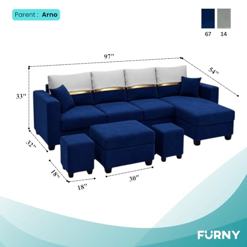 Image of Furny Arvea 8 Seater Fabric RHS L Shape Sofa Set with 1 Centre Table & 2 Puffy (Blue) | Soft Velvet Fabric | Modern Design | Comfortable Seating | Living Room Furniture