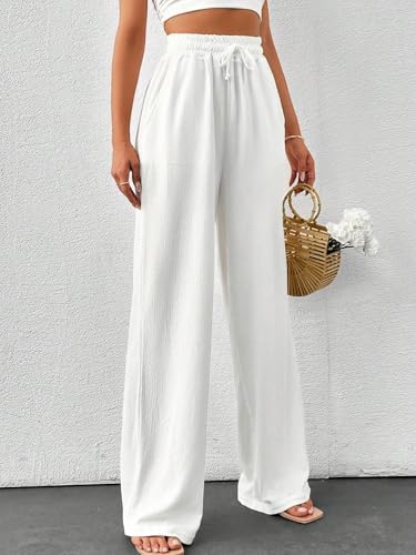 ZAFUL Women's Wide Leg Casual Pants Linen Look High Waist Drawstring Straight Solid Trousers with Pockets3