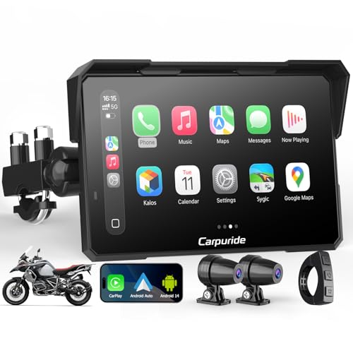 Image of Carpuride W702 Plus for Motorcycle CarPlay & Android Auto & 8 Core Android 14, 1080p Dash Cam, 7-inch Waterproof Touchscreen for Online /Offline Navigation, Bluetooth, Loop Recording, Wired Controller