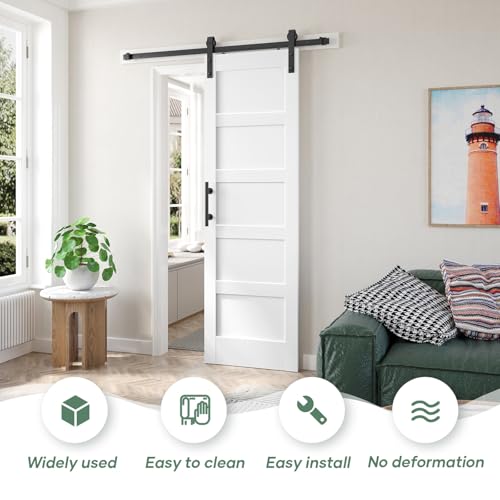 Image of Fredbeck 24x84 inch White Sliding Barn Door with Hardware,PVC,MDF,5-Panels | with 4FT Sliding Door Hardware Kit Included & Handle,Solid ,DIY Assembly,Interior ,Modern