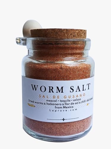 Sal mexicana de gusanos secos 280 g para bebidas Mex en vaso con corcho y cuchara de madera