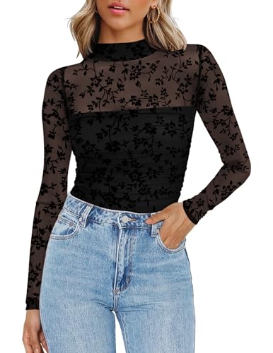 Zeagoo Women's Sexy Sheer Long Sleeve Tops Mock Neck Mesh Ruched Going Out Shirts Blouse Date Night...