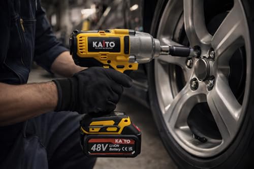 Image of KAITO Pro Series Brushless Motor 48V Cordless Impact Wrench | 1200NM Torque | 4800RPM Speed | Auto Stop Function | Forward & Reverse Rotation | 1 /2 Inch Hex Shank | Double Li-Ion Batteries