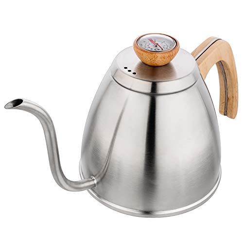 Luxbe - Gooseneck Swan Pour-Over Coffee Teapot Kettle - 40oz 1200ml 4-5 Cups - Hand Drip-Less Adjustable Temperature Control - Stove-Top Heat-Resistant - Water Boiler with Thermometer - Beech Handle