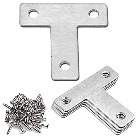 OBELON T Shaped Repair Plate 40mm - Stainless Steel T-Plates Corner Braces Fixing Bracket with 30 Screws for Wood Furniture, 10 Pcs Cover