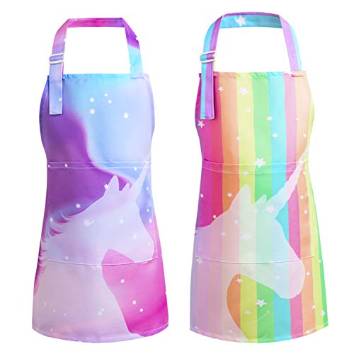 PASHOP 2 Pack Kids Apron Rainbow Unicorn Aprons With Pockets for Children Girls Boys Toddler Apron for Painting Cooking Baking