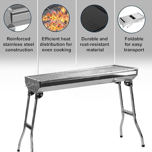 Rynli Portable Barbeque Grill Large Stainless Steel Freestanding Barbecues Charcoal Grill Table Top BBQ Charcoal Outdoor Grill For Outdoor Cooking, Camping, Beach Picnic