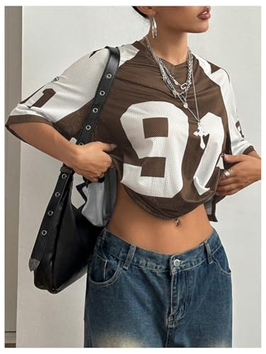 SHENHE Women's Color Block Oversized Football Jersey Mesh Number Print Short Sleeve Tee Top3