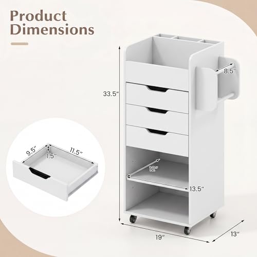 Image of Tangkula Rolling Storage Cart with Drawers, Wooden Drawer Cart w /Lockable Casters, Utility Storage Cart w /3 Shelves, Slots & Dowels, Mobile Organizer Cabinet on Wheels for Room Office Work Study