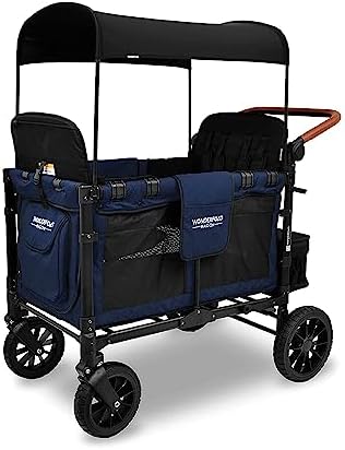 WONDERFOLD W4 Luxe Quad Stroller Wagon Featuring 4 High Face-to-Face Seats with Magnetic Buckle 5-Point Harnesses and Adjustable/Removable UV-Protection Canopy, Noble Navy