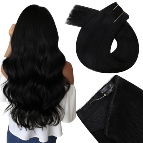 Image of Easyouth Invisible Human Hair Wire Extensions Black Hair Extensions Wire Hair Jet Black Wire Hair Extension Human Hair Add Length and Volume Secret Fish Line Human Hair Extension 14 Inch 70g