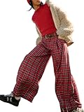 FeMereina Pantalon baggy vintage à carreaux pour femme Y2K Vichy Jambe large Taille mi-haute Vacances Automne Tartan Pantalon avec poches, Rouge, S