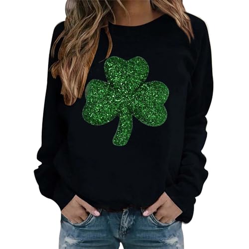 Sudadera de manga larga con estampado de trébol para mujer, estilo informal, de manga larga, con gráfico divertido, Negro, L