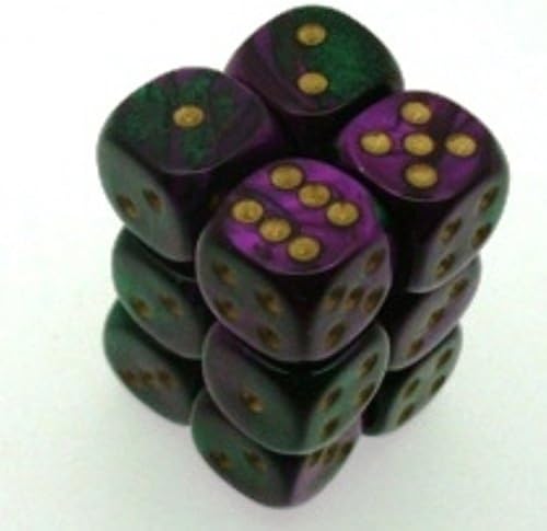 Chessex Dice d6 Sets: Gemini Green & Purple with Gold - 16mm Six Sided Die (12) Block of Dice