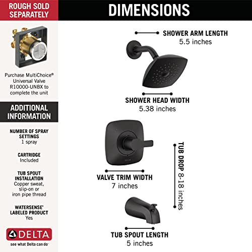 Image of Delta Faucet Modern 14 Series Matte Black Shower Faucet, Tub and Shower Trim Kit with Single-Spray Touch-Clean Black Shower Head, Matte Black T144339-BL-PP (Valve Not Included)
