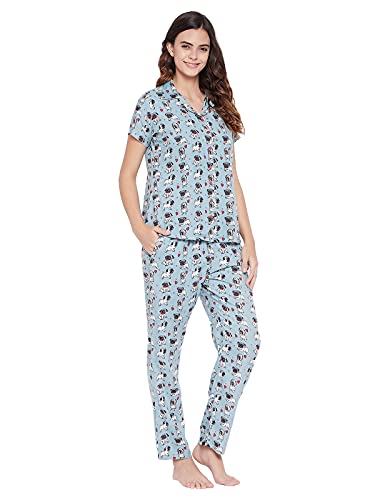 Image of Clovia Women's Crepe Print Me Pretty Button Me Up Sleep Shirt & Pyjama Set