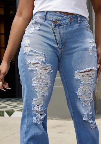 Women's Skinny Ripped Jeans High Waisted Straight Leg Stretchy Distressed Asymmetrical Raw Y2K Denim Pants4