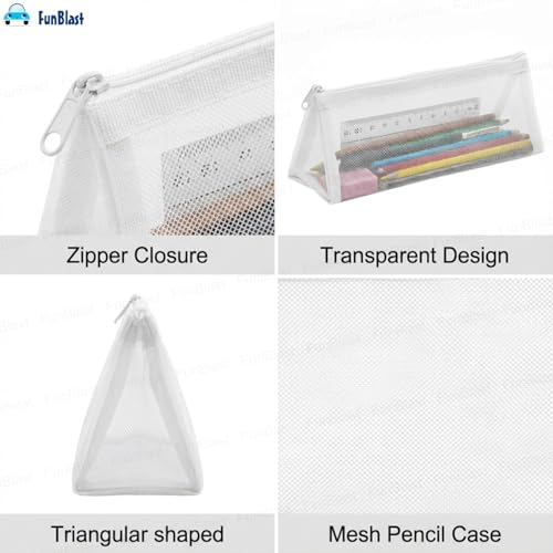 Image of FunBlast Mesh Pencil Case with Smooth Zipper, Single Layer Multi-Purpose Stationary & Pen Pouch for Boys & Girls, Transparent Stationary Bag, Organizer Pouch for Student (White-C)