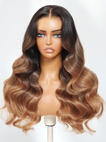 Image of Beauty Forever Pre Everything Glueless Front Black to Caramel Blonde Ombre Brown Body Wave Human Hair Drawstring Wig Pre Plucked Pre Cut 13x4 Loose Wave Bye Bye Knots Ready to Wear Frontal Wig 18inch