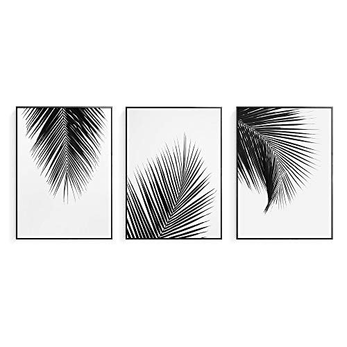 Artinme Trendy Framed Modern Abstract Elegant Black And White Palm Tree Leaves Giclee Canvas Prints Wall Art Picture Living Room Bedroom Home Decorations (16X20 Inch, Set Of 3 Black Framed) #TOP26
