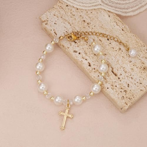 COLOYAN 9 PCS Cross Pearl Rosary Bracelet for Women, Cross Charm Pearl Crystal Beads Bracelet, Adjustable Handmade Rosary Faith Bracelet Jewelry2