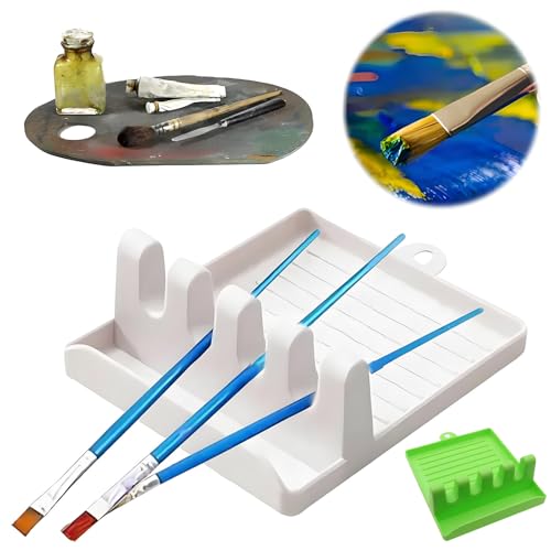 Image of 2 PCS Washable Paint Brush Holder Watercolor Brush Rest with 4 Slots for Oil and Watercolor Acrylic Painting White Green