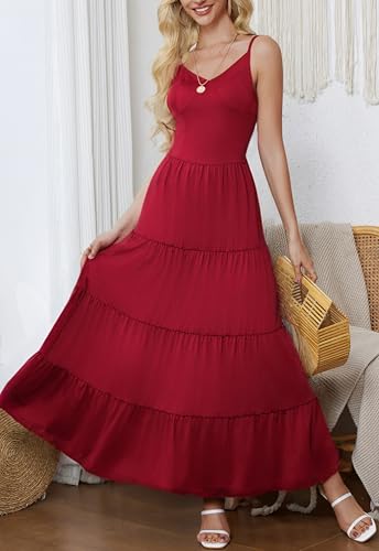 Image of Women's Summer Flowy Tiered Maxi Dress Elegant Spaghetti Strap with Ruffled Skirt Beach Vacations Parties