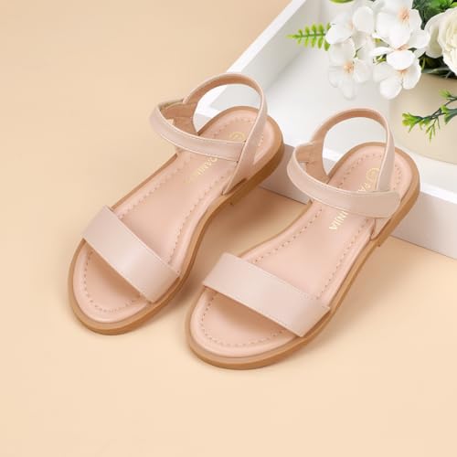 Image of PANDANINJIA Girls Sandals Open Toe Summer Flats Dress Shoes | Toddler /Little /Big Kid, Flower Girl, Lightweight Cushioned, Hook and Loop, Breathable Insole, Wedding, Party