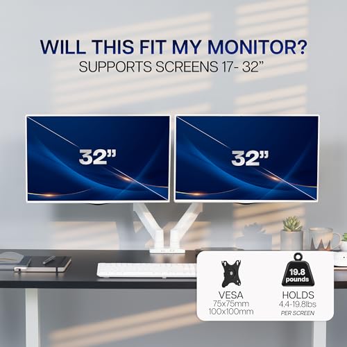 Image of VIVO Dual Monitor Stand, Fully Adjustable Arms for 17 to 32 inch Screens, Mechanical Articulating Desk Mount, Gaming and Office Setups, VESA 75x75, 100x100, Max 19.8 lbs, Classic, White, STAND-V002OW