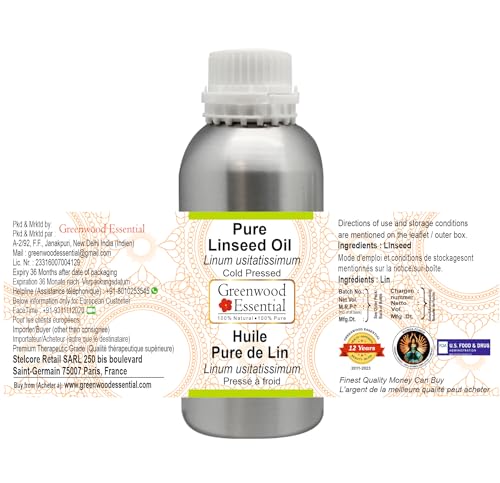 Image of Greenwood Essential Pure Linseed Oil (Linum usitatissimum) | Cold Pressed | Natural | Undiluted | For Diluting Essential Oils | For Skin & Massage | Men & Women | 630ml