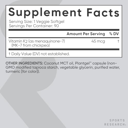 Image of Sports Research Low Dosage Vitamin K2 as MK-7 45mcg with Coconut MCT Oil - Vegan Certified, Non-GMO Verified & Gluten-Free - 90 Softgels