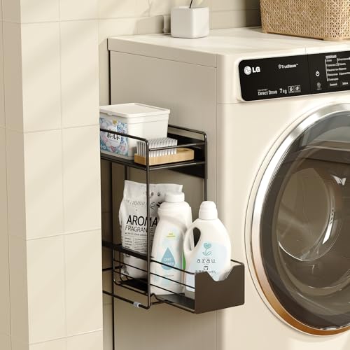 洗濯機横 マグネット収納ラック 2段 ブラック 引き出し付き 取り付け不要 冷蔵庫横収納 キッチン 洗面所 すき間ラック 省スペース 調味料 スパイス収納 ランドリーラック すき間ワゴン