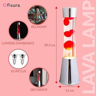 fisura. - Lampe à lave rouge. Base chromée, liquide transparent et lave rouge. Lampe d'ambiance originale. Avec ampoule de rechange. 11 cm x 11cm x 39,5 cm.