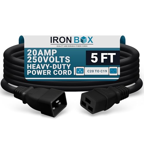 IronBox Electric - Heavy-Duty C20 to C19 Power Cord - 20A/250V Rated 12/3 SJT IEC 60320 Equipment to PDU Cable - Male End C20 Plug/Female End C19 Connector - UL Listed Power Cable-(Black 5 Foot)