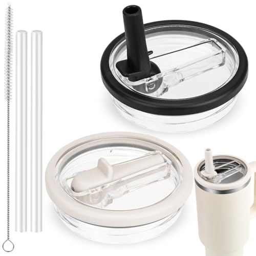 Flip Straw Lid for Stanley Quencher, Spill Proof 40 OZ Tumbler Lids for Stanley Cup, Non Spill Straw TOP Cover Replacement Accessories with Brush Black and White