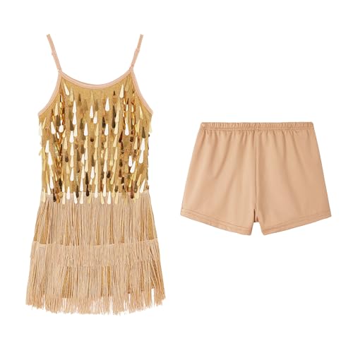 LOLANTA Girls Sequin Fringe Dance Costume, Kids Salsa Rumba Latin Dancing Clothes Set, Sparkling Sleeveless Tassel Dance Mini Dress with Shorts, Gold, 8-9 Years, 140 LOLANTA Girls Sequin Fringe Dance Costume, Kids Salsa Rumba Latin Dancing Clothes Set, Sparkling Sleeveless Tassel Dance Mini Dress with Shorts, Gold, 8-9 Years, 140