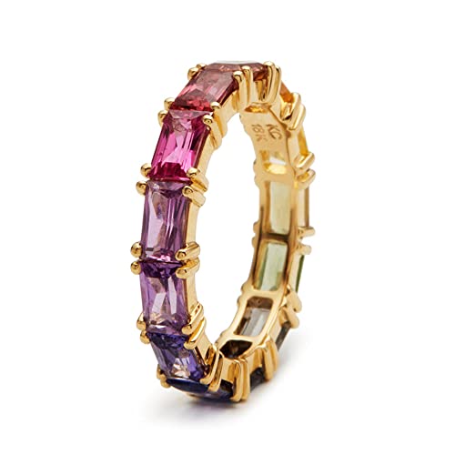 14K Gold Plated Rainbow Baguette Cubic Zirconia Ring Multicolor Square Crystal Eternity Finger Ring for Women Anniversary Birthday Jewelry Gift Size 6-10